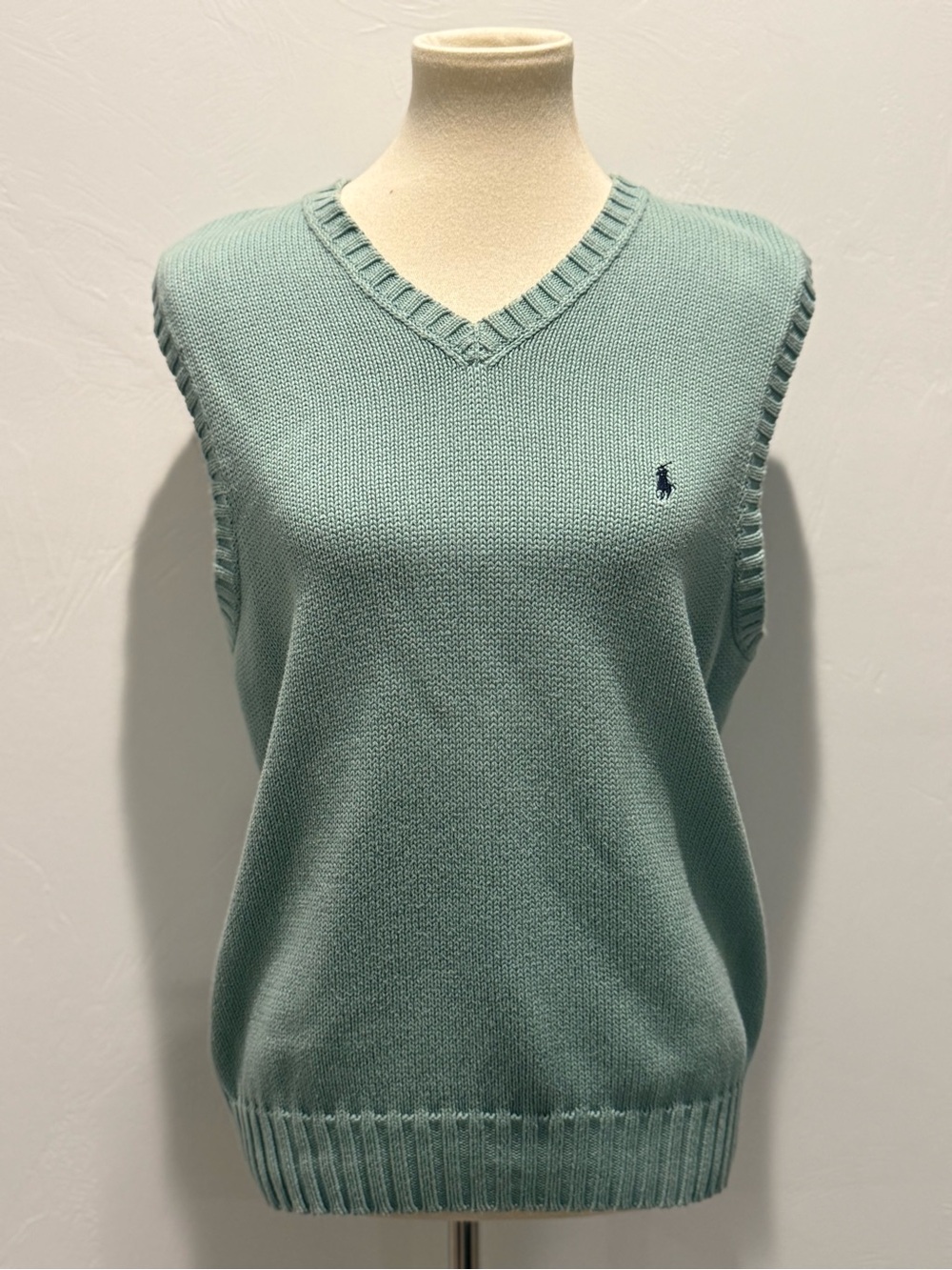 Polo Ralph Lauren Sage Green/Turquoise Knit 100% Cotton V-Neck Sweater Vest
